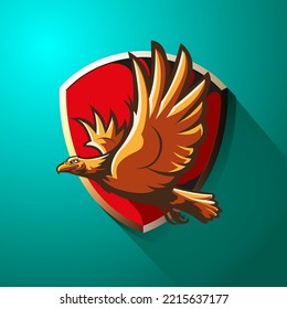 Vector illustration, flying eagle with red shield background.