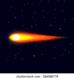 Vector illustration flying fiery comet in a dark space with a tail. Falling burning meteorite across the sky. Cosmos background. 
