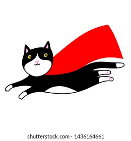 Vector illustration of flying funny cat superhero on white background.