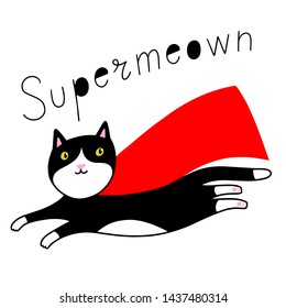 Vector illustration of flying funny cat superhero on white background with lettering.