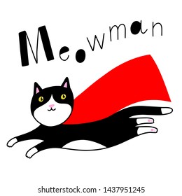 Vector illustration of flying funny cat superhero on white background with lettering.