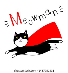 Vector illustration of flying funny cat superhero on white background with lettering.
