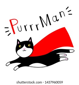 Vector illustration of flying funny cat superhero on white background with lettering.