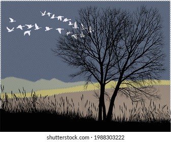 vector illustration of flying geese over night landscape