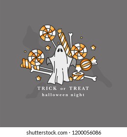 Vector illustration Flying ghost spirit. Happy Halloween party celebration. Scary white ghost with lot of candies. Holiday badge on white background