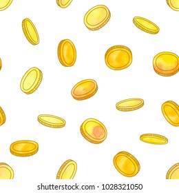 Vector illustration: Flying golden absract coins in different positions with hand drawn watercolor texture isolated on white background. Seamless ornament pattern.