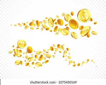 Vector Illustration of flying golden coins. Two line on white background