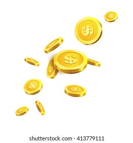 Vector Illustration of flying golden coins. Isolated on white. 