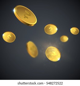 Vector Illustration Of Flying Golden Coins. Money Illustration Isolated On Black Background.