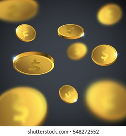 Vector Illustration of flying golden coins. Money illustration isolated on black background.