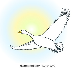 Vector illustration of a flying goose on a sunny background