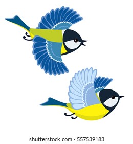 Vector illustration of flying great tit isolated on white background