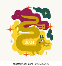 Vector illustration with flying green dragon, stars and abstract splashes. Chinese New Year 2024 symbol, year of the dragon, abstract print poster