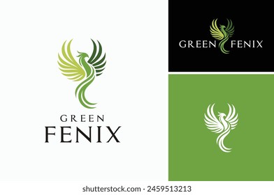 Vector illustration of Flying Green Fenix Bird. A Phoenix with tropical leaves wings logo design