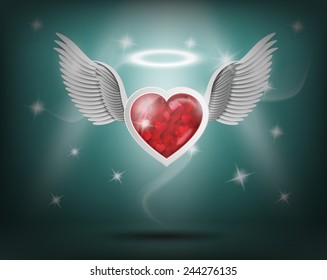 Vector illustration of flying hearts with wings.