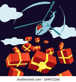 vector illustration of a flying helicopter throwing out heap of bright christmas presents