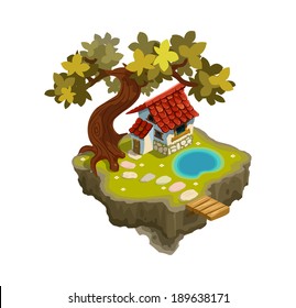 Vector illustration of flying island with cartoon house and tree