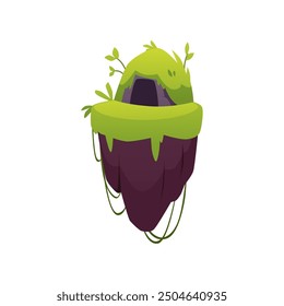 Vector illustration with a flying island and a cave covered with greenery and leaves on a white background. It is ideal for the design of the level in the game