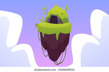 Vector illustration with a flying island and a cave covered with greenery and leaves on a background of sky and clouds. Perfect for level game design