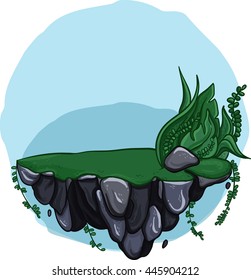 vector illustration flying island with grass and big leaves