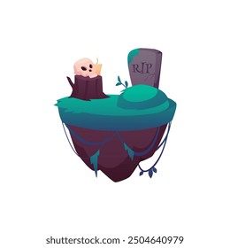 Vector illustration of a flying island with a grave and a skull on green grass isolated on a white background. It is ideal for the design of game graphics