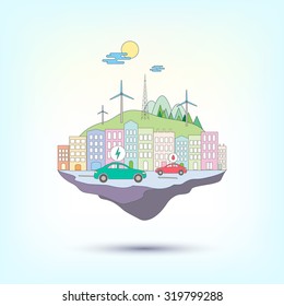 Vector illustration of flying island with mountains and trees with wind energy and electro-cars