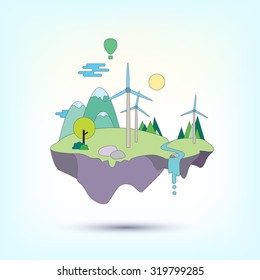 Vector illustration of flying island with river and trees with wind energy