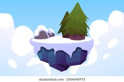 Vector illustration with a flying island with two Christmas trees and stones, covered with snow on a background of clouds and sky, for the design of game graphics