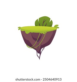 Ilustración vectorial de islas voladoras cubiertas de vegetación, viñas y hojas, sobre fondo blanco. Ideal para decorar un nivel de juego con un paisaje de verano
