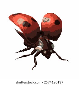 A vector illustration of a flying ladybug, highlighting the movement of its translucent red wings