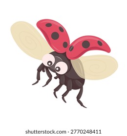 Vector illustration of a flying ladybug with open wings isolated on white background. Cute coccinellidae beetle character for spring nature design, stickers and icons