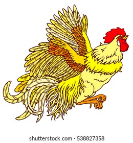 Vector illustration. A flying light yellow rooster on white background. Fiery chicken a symbol of the Chinese new year 2017 according to east calendar.