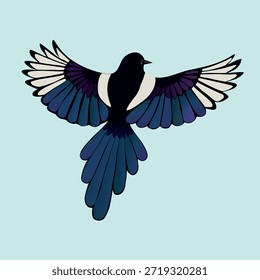 
Eine Vektorgrafik einer fliegenden Elster. Man sieht den Vogel von seinem Rücken. Beide Flügel sind ausgebreitet. Der Hintergrund ist hellblau.
