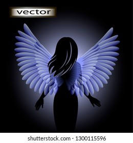 Vector illustration of flying man, girl with wings fly up, dream like fantasy, angel