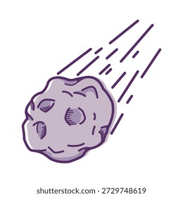 Vektorgrafik eines fliegenden Meteors mit Bewegungslinien, dargestellt in einem einfachen Cartoonstil mit klaren Umrissen, ideal für Raumfahrt, Astronomie oder Designs mit wissenschaftlichen Themen