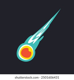 Vector illustration of a flying meteoroid in flat cartoon style. A fiery celestial object streaking through space, ideal for astronomy and cosmic designs. Bright dynamic space object in the universe