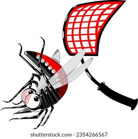 Vector illustration of Flying mosquitoes are hit by insect swatter 