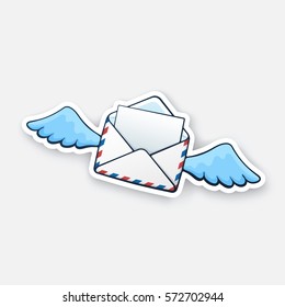 Vector illustration. Flying opened mail envelope with wings. Incoming message has been read. Cartoon style with contour. Decoration for greeting cards, patches, prints for clothes, emblems