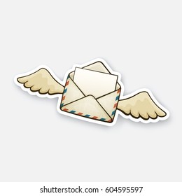 Vector illustration. Flying opened vintage mail envelope with wings. Incoming message has been read. Sticker in cartoon style with contour.For greeting cards, patches, prints for clothes, badges