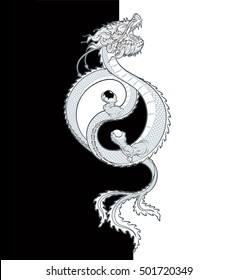 Vector Illustration of a flying Oriental Dragon holding two spheres, shaping the Yin-Yang symbol. All elements neatly on layers and groups.