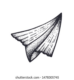 Vector illustration. Flying paper airplane. Travel by plane. Hand drawn ink sketch. Graphic vintage element. Isolated on white background