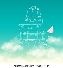 Vector illustration of flying paper plane around travel suitcases on planet sky with clouds background