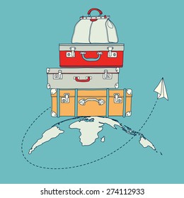 Vector illustration of flying paper plane around travel suitcases on planet background