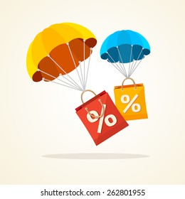 Vector illustration flying parachute with paper bag sale. Seasonal discounts autumn, winter. Flat Design