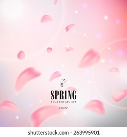 Vector illustration. Flying petals of sakura. Blurred lights background. Spring collection.