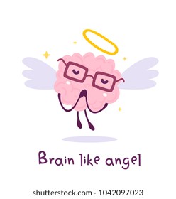 Vector illustration of flying pink color smile brain with glasses, wing, nimbus on white background. Angel cartoon brain concept. Doodle style. Flat style design of character brain for education theme