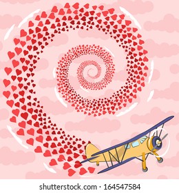 Vector illustration flying plane with many hearts on a pink background with clouds for happy valentines day card