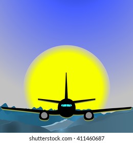 Vector illustration. Flying the plane on a background of sunrise in the mountains.