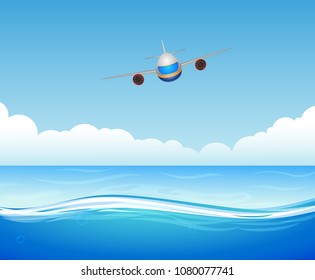 vector illustration of flying plane over sea