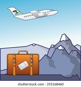Vector illustration of flying plane and suitcase on mountains